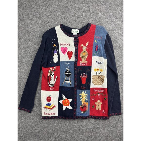 Quacker Factory Sweater Womens Large Multicolor Cardigan Holiday Calendar Months - Picture 1 of 8